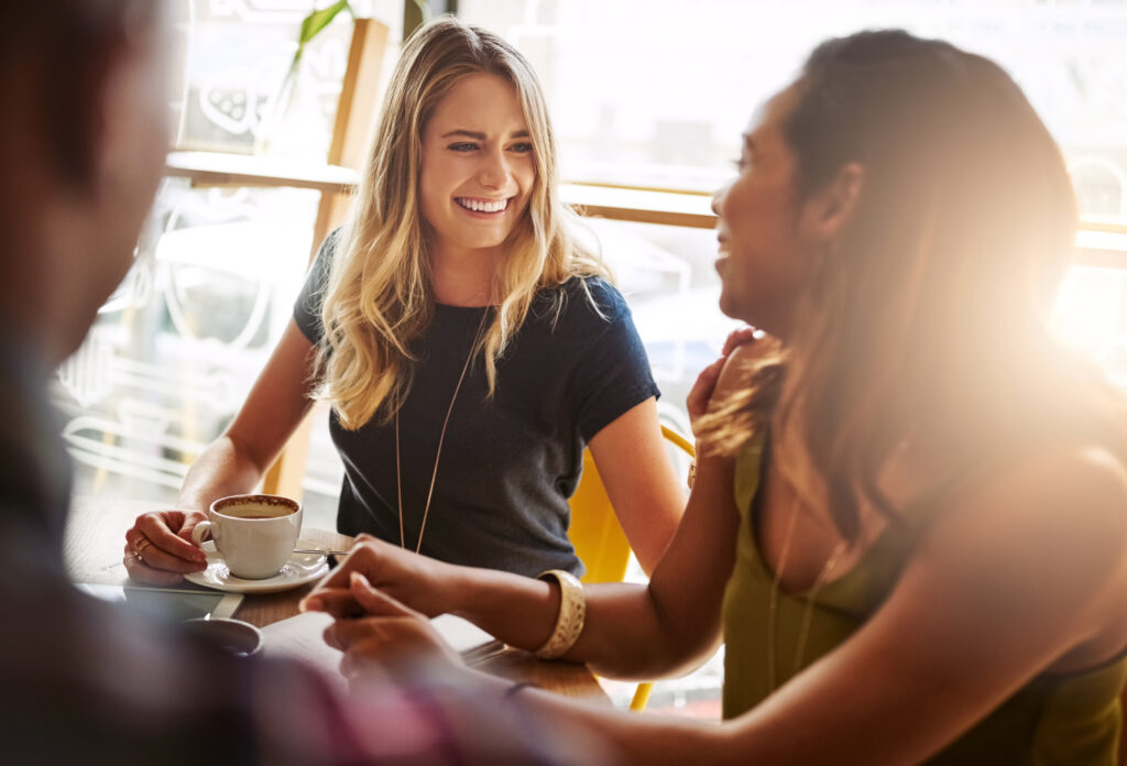 Smile Students Friends Drinking Coffee Shop Talking Conversation Social Gathering Together Restaurant Happy Women Group Relax Cafe Chat News Laughing Gossip Story